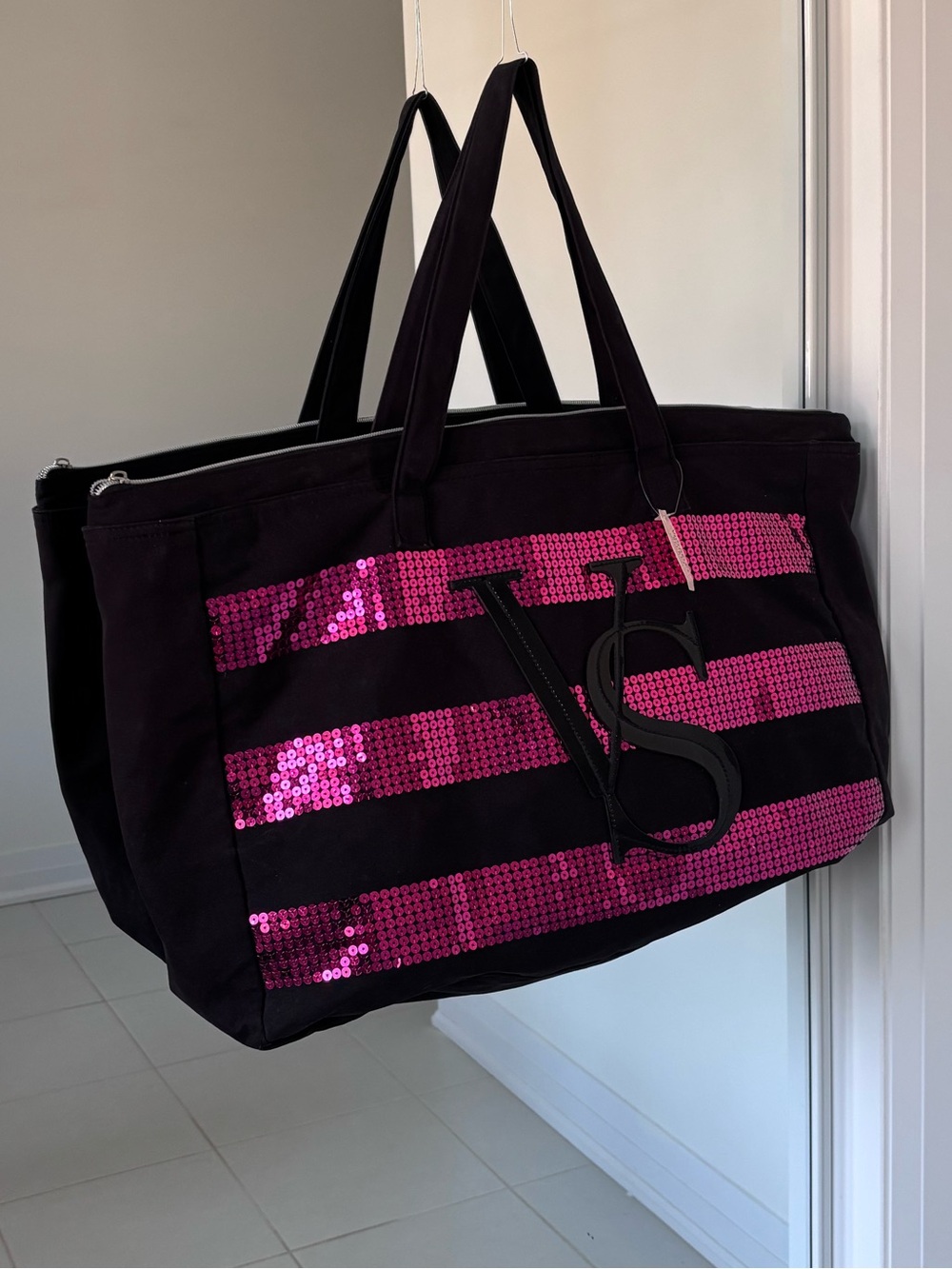 Victoria's Secret Black Tote with Pink Sequin Stripes